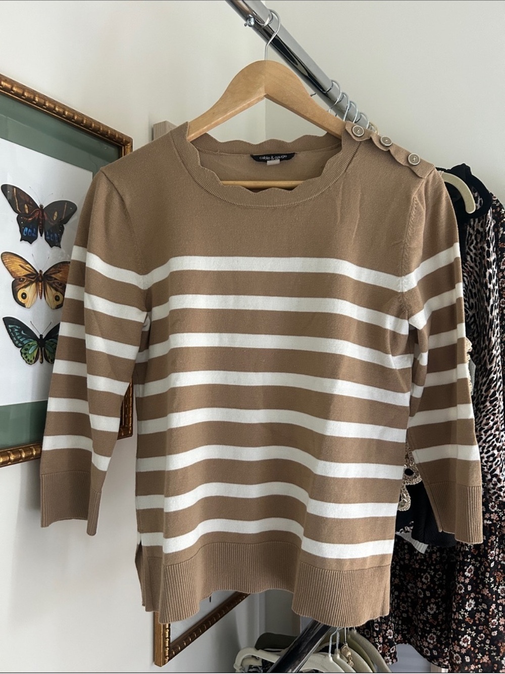 Cable & Gauge M Button-Shoulder Striped Sweater in Camel and White